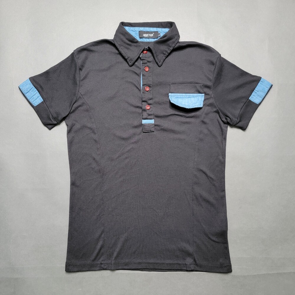 Hiend Men's Size L Black Polo Shirt with Contrast Blue Denim Trim and Pocket